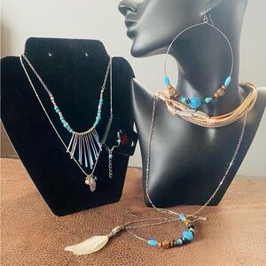 Southwest Boho vibe with Turquoise and Silver tone feathers Necklace Collection